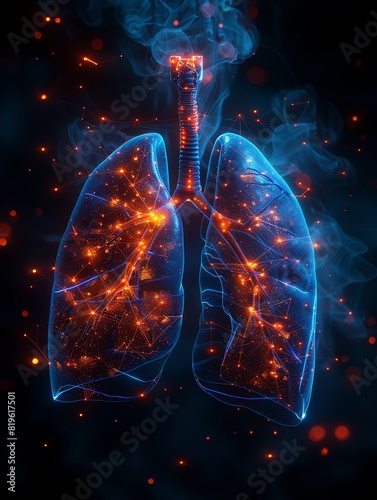 Digital illustration of the Lungs, shown alone and with a network of glowing blue lines mapping its anatomy. The illustration is set against a dark background, emphasizing the detailed structure of th