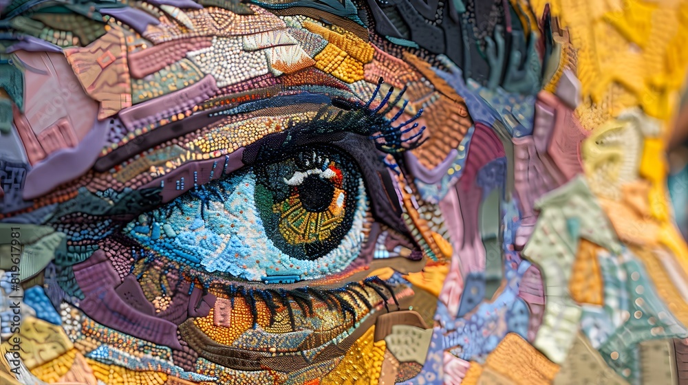 Close-up view reveals an intricate iris resembling a mosaic artwork