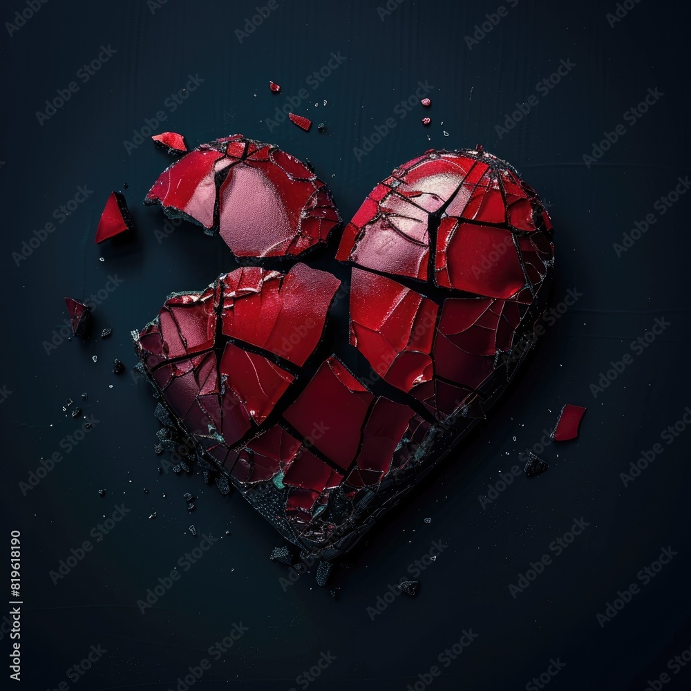 A broken red heart on a dark background. Glass fragments fly apart. The concept of separation, divorce, loneliness. A broken red heart on a dark background. Glass fragments fly apart. The concept of separation, divorce, loneliness.