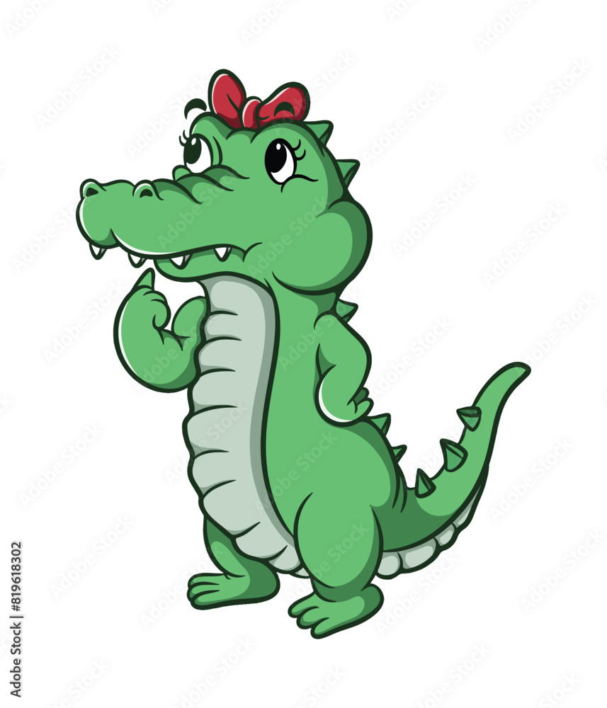 Obraz premium cartoon illustration design of a cute female crocodile thinking