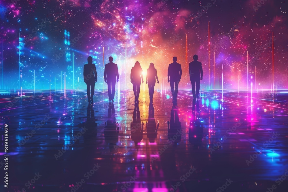 Business team, process and partnership concept with dark business people silhouettes on abstract digital background with bright glowing projection beams 