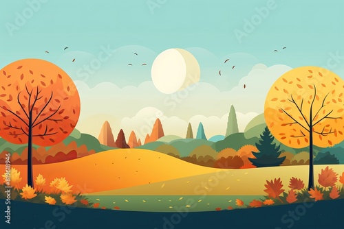 Scenic autumn landscape with colorful trees  falling leaves and a bright sun on a clear day  depicting the beauty of nature in the fall season.