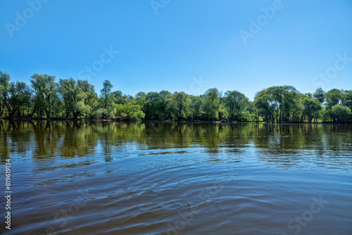 Potamology. The Don River in the middle reaches. Strong river flow and floodplain forest consisting mainly of white willow, floodplain meadows
