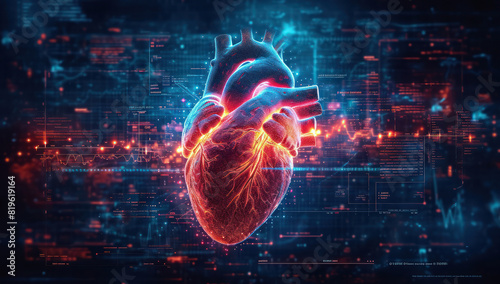Genetic Engineering Concept. Human Heart with DNA Data on Background extreme closeup. Generative AI photo
