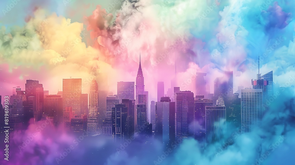Urban skyline fading into clouds of vibrant powder showcasing a creative double exposure scene
