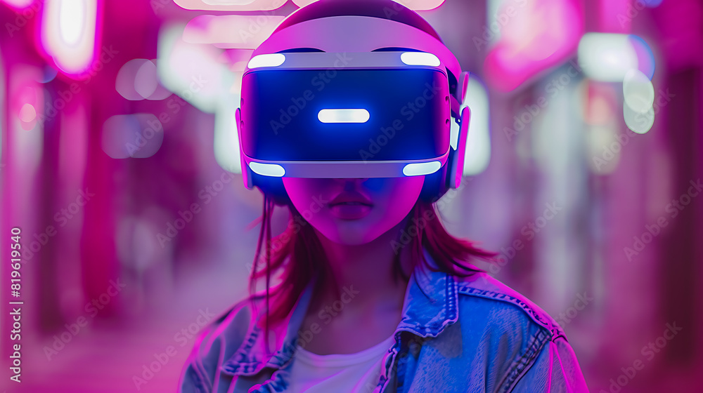 Woman in VR headset with neon lights in background Woman in VR headset with neon lights in background