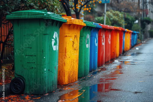 Row of Colorful Trash Containers on the Street extreme closeup. Generative AI © doomu