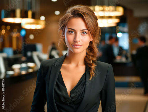 A professional woman with a braided hairstyle in a black blazer  office environment background  concept of business elegance. Generative AI
