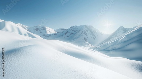 A snow-covered mountain range under a clear blue sky  with sunlight glinting off the pristine white slopes in a winter wonderland scene. 32k  full ultra HD  high resolution