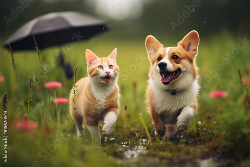 Red cat and corgi dog friends walk on a summer meadow under warm raindrops