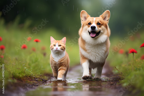 Red cat and corgi dog friends walk on a summer meadow under warm raindrops