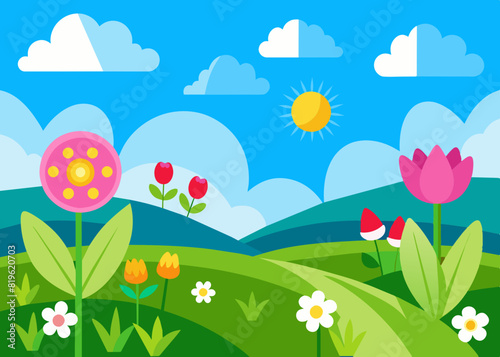 Cartoon flowers in green grass border landscape  vector illustration 