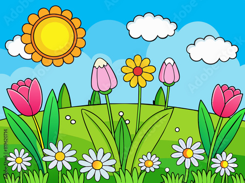 Cartoon flowers in green grass border landscape  vector illustration 