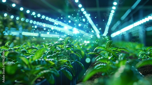 Close-up of thriving plants in a modern indoor farm with LED grow lights. Advanced agricultural technology for sustainable and efficient food production.