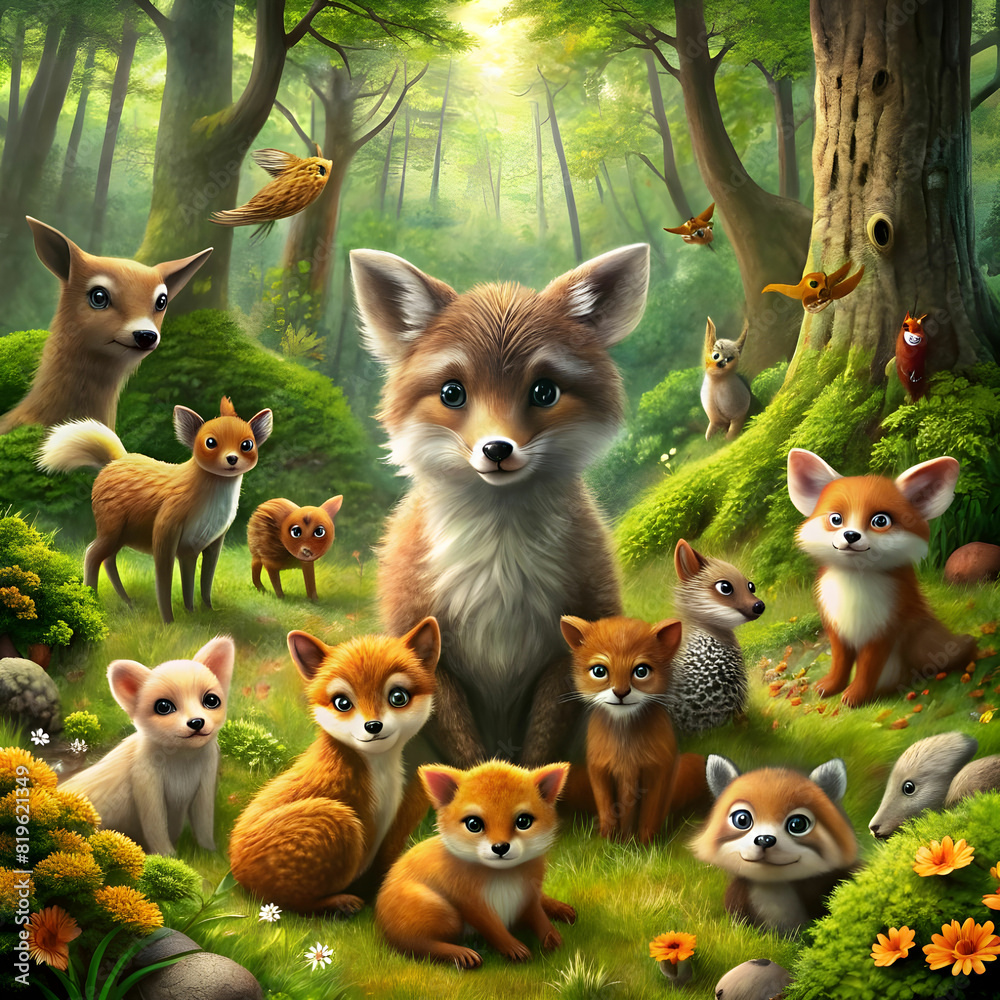 Many cute animals in the forest Many cute animals in the forest