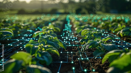 Digitally enhanced agricultural field with young plants in rows, showcasing smart farming technology and network connections in a rural setting. photo