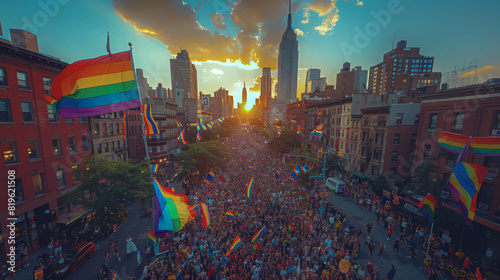 Pride parade with rainbow flags, symbolizing equality and acceptance for the LGBTQ+ community.