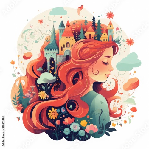 Whimsical illustration of a dreamy girl with flowing hair transforming into a magical castle landscape, surrounded by flowers and greenery.