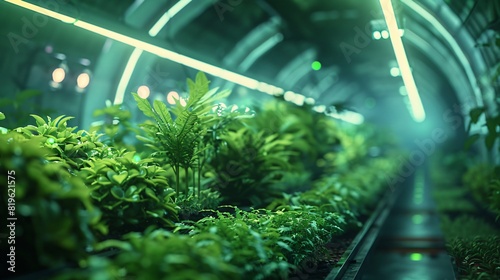 Futuristic hydroponic farm with lush green plants growing under artificial lights in an advanced greenhouse, showcasing modern agriculture. photo