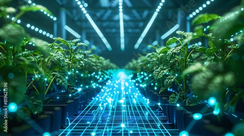Futuristic indoor farm with advanced technology, glowing digital data streams among young plants in controlled environment.