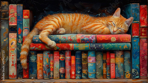 Red cat sleeping on books, illustration in the style of Japanese oil painting photo