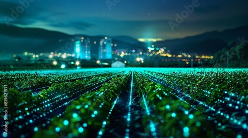 High-tech farm field illuminated at night with futuristic blue lights, with a cityscape in the background under a serene night sky. photo