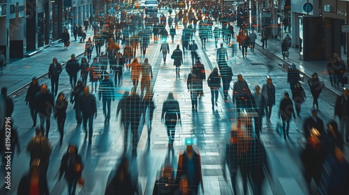 Elevated Security Camera Surveillance Footage of a Crowd of People Walking on Busy Urban City Streets. CCTV AI Facial Recognition Big Data Analysis Interface Scanning, Showing Personal Information 