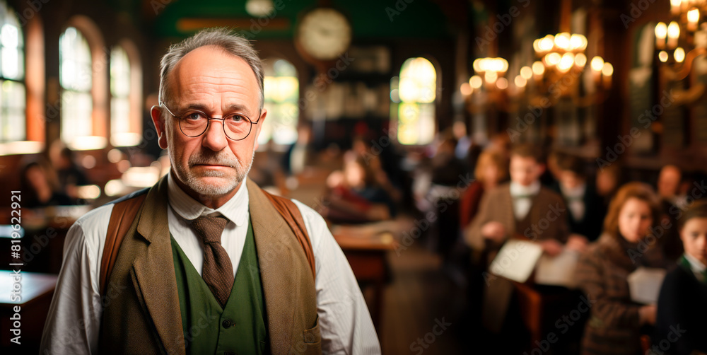 An elderly professor in a classroom with students in the blurry background, depicting an education theme. Generative AI An elderly professor in a classroom with students in the blurry background, depicting an education theme. Generative AI