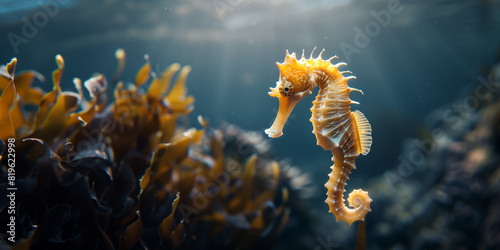 the seahorse swimming underwater, clear ocean water seabed, copy space for text