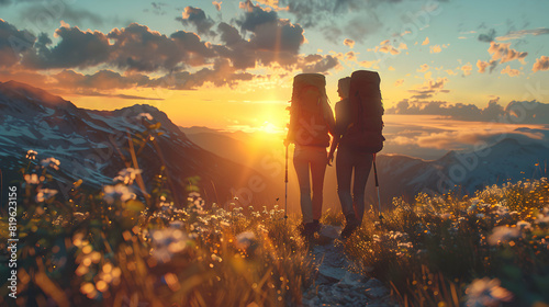 Protected Adventures: A Couple Hiking in the Mountains with Life Insurance Security   Photo Realistic Concept Highlighting Freedom and Protection for Future   Stock Photo photo