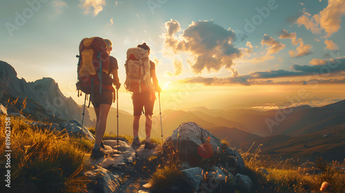 A Couple Hiking in the Mountains with Life Insurance Protection for Future Security and Freedom   Photo Realistic Stock Concept photo