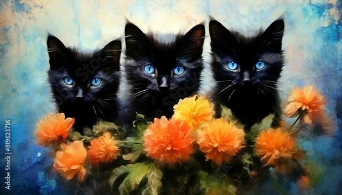 Abstraktion schwarze Kätzchen und Blumen. Hintergrund für das Design 1. photo