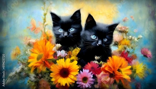 Abstraktion schwarze Kätzchen und Blumen. Hintergrund für das Design 2. photo