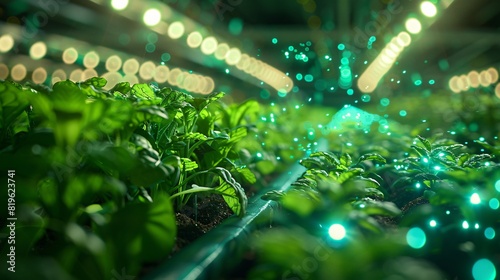 Innovative indoor farming with vibrant LED lighting and lush green plants, illustrating modern agriculture technology and growth efficiency. photo