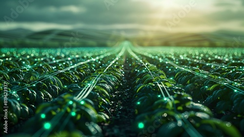 Lush green vegetable farm with irrigation system under a bright sky at sunrise, showing rows of crops and modern agricultural practices. photo