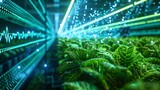 Modern hydroponic farm with advanced technology and data visualization, showcasing efficient and sustainable agricultural practices.