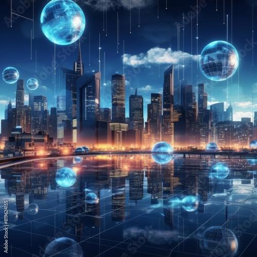 Futuristic cityscape with interconnected holographic globes  representing global connections  sleek and modern  Sci-fi  3D Render