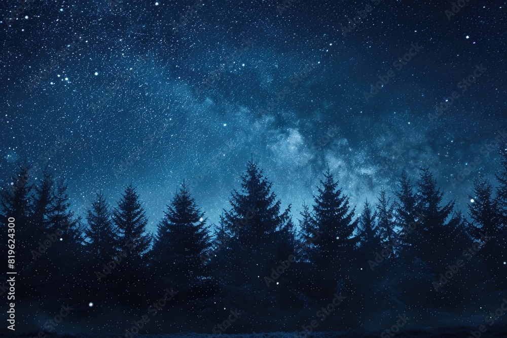 Fototapeta premium Night Sky Star. Dark Blue Sky Full of Stars Shining Above Tree Field
