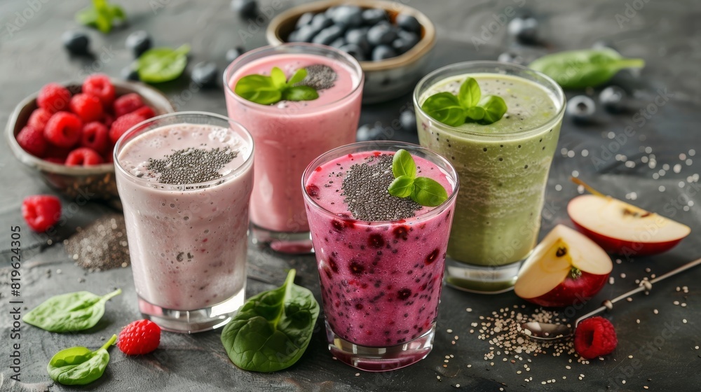 Clean eating snacks: take away chia smoothies. Berry chia smoothie, spinach and apple smoothie, Clean eating snacks: take away chia smoothies. Berry chia smoothie, spinach and apple smoothie,