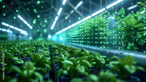 Modern indoor farming with rows of green plants under artificial lighting in a controlled environment showcasing innovative agricultural technology.
