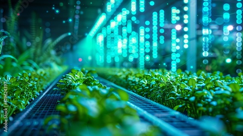 Modern indoor vertical farm with glowing LED lights and lush green plants, showcasing advanced agricultural technology. photo