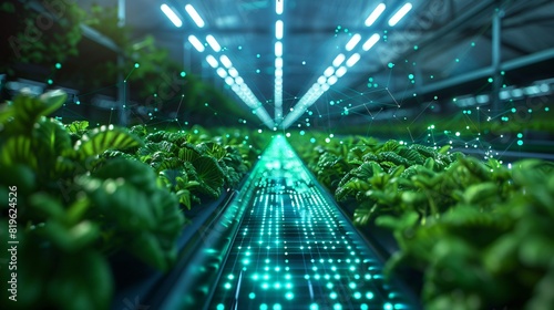 Modern vertical farm with advanced technology. Rows of plants illuminated by LED lights, showcasing futuristic agriculture and sustainability.