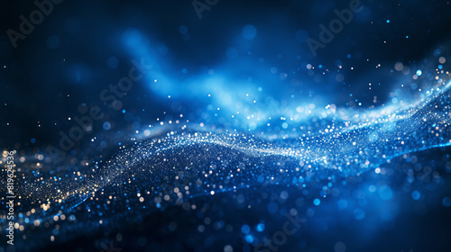 Sparkling blue particles flowing on a dark background  representing a technology or science concept. Generative AI