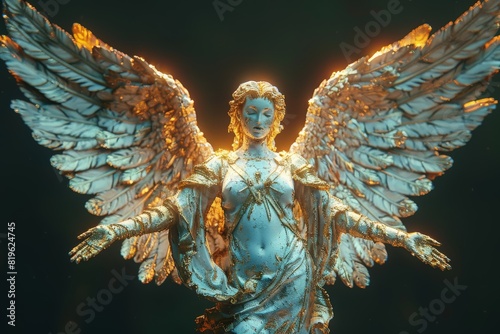Angel hologram on black background. 3D render photo