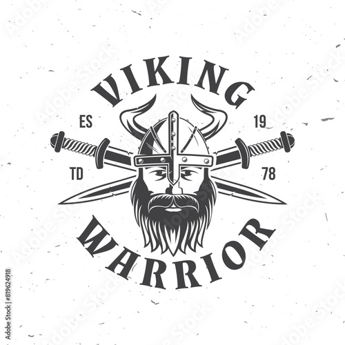 Viking warrior logo, badge, sticker. Vector illustration. For emblems, labels and patch. Monochrome style viking in helmet with crossed battle sword