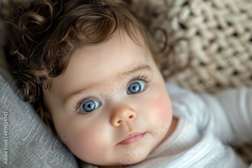 Adorable Infant Face. Cute Baby Girl with Curly Hair and Full Lips