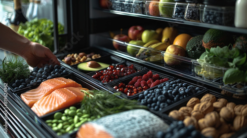 assortment of heart-healthy foods, including avocado, salmon, walnuts, and blueberries, selecting ingredients for a nutritionally rich, balanced meal photo