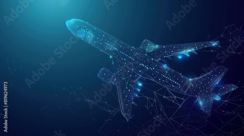 Digital 3d airplane. Abstract wireframe of airliner in the blue background. Travel, tourism, business, transportation concept.