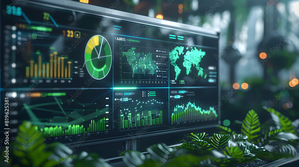 Photo realistic Digital dashboard displaying green energy usage concept with technology and sustainability integration for environmental impact monitoring Photo realistic Digital dashboard displaying green energy usage concept with technology and sustainability integration for environmental impact monitoring