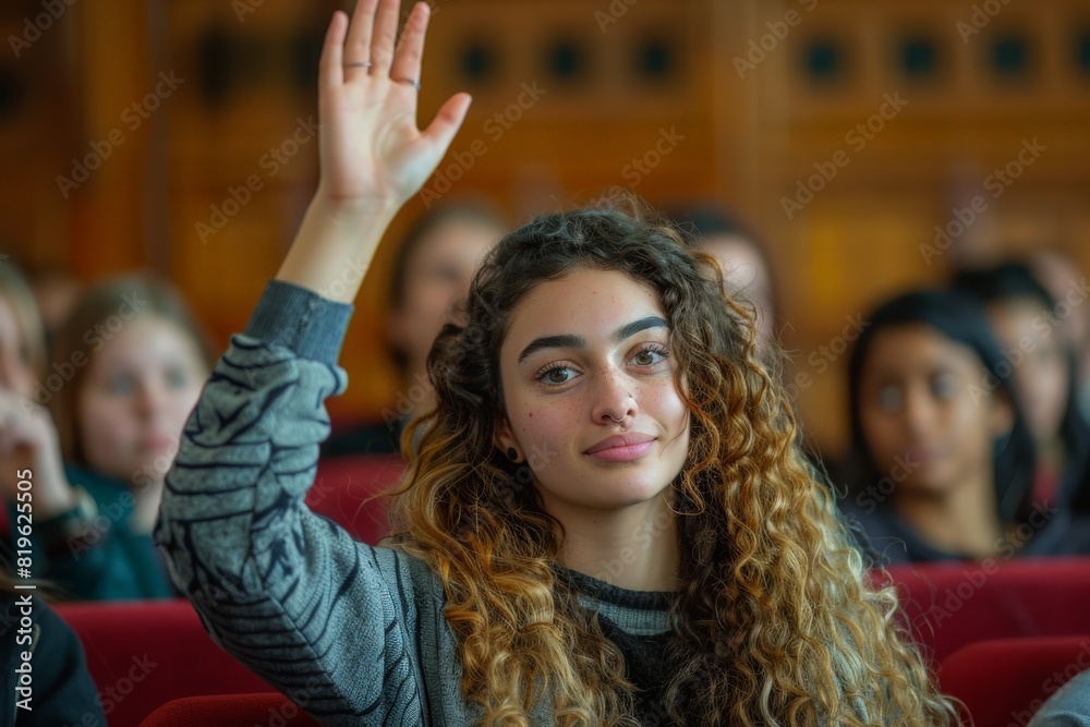 Fototapeta premium Female student raising hand to ask a question
